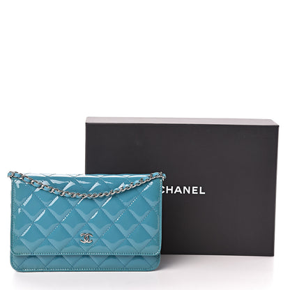 Chanel Patent Quilted Wallet On Chain WOC Turquoise Blue 11 of 11