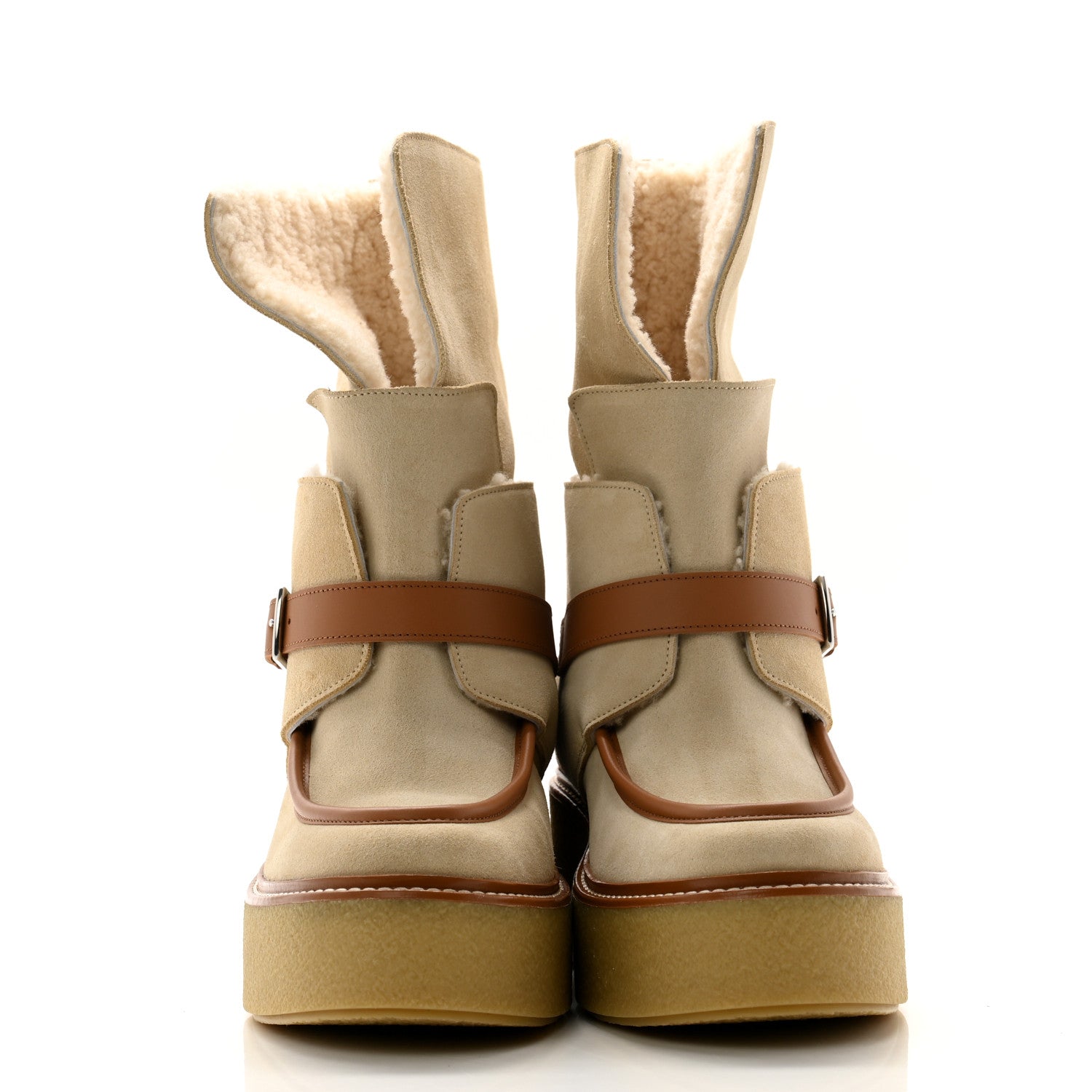 Hermes Suede Shearling Womens Hemisphere Ankle Boots 39 Beige Palomino 2 of 8