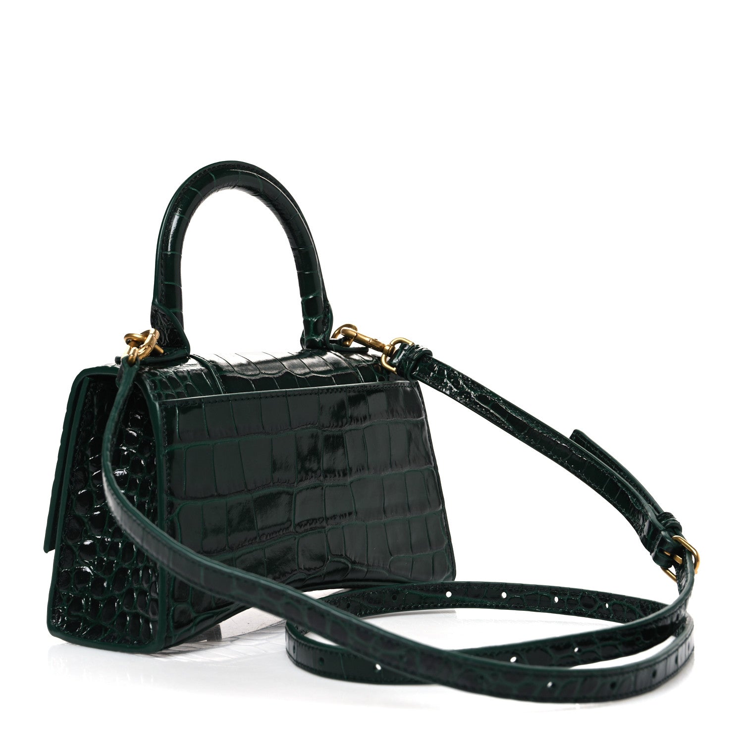 Balenciaga Shiny Calfskin Crocodile Embossed Hourglass Top Handle Bag XS Forest Green 3 of 11