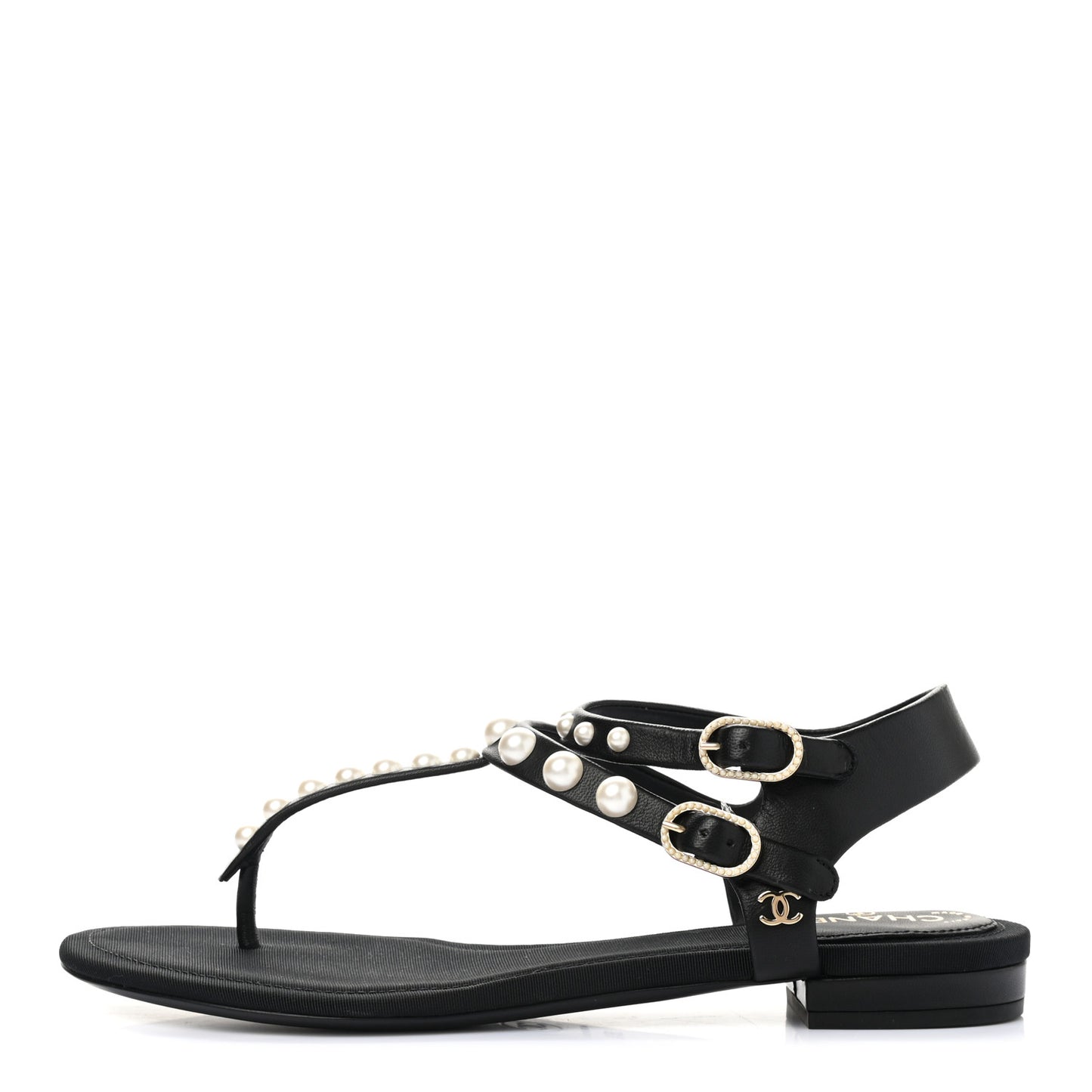 Calfskin Grosgrain Pearl Thong Sandals 35.5 Black