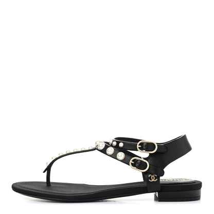 Chanel Calfskin Grosgrain Pearl Thong Sandals 35.5 Black 1 of 7