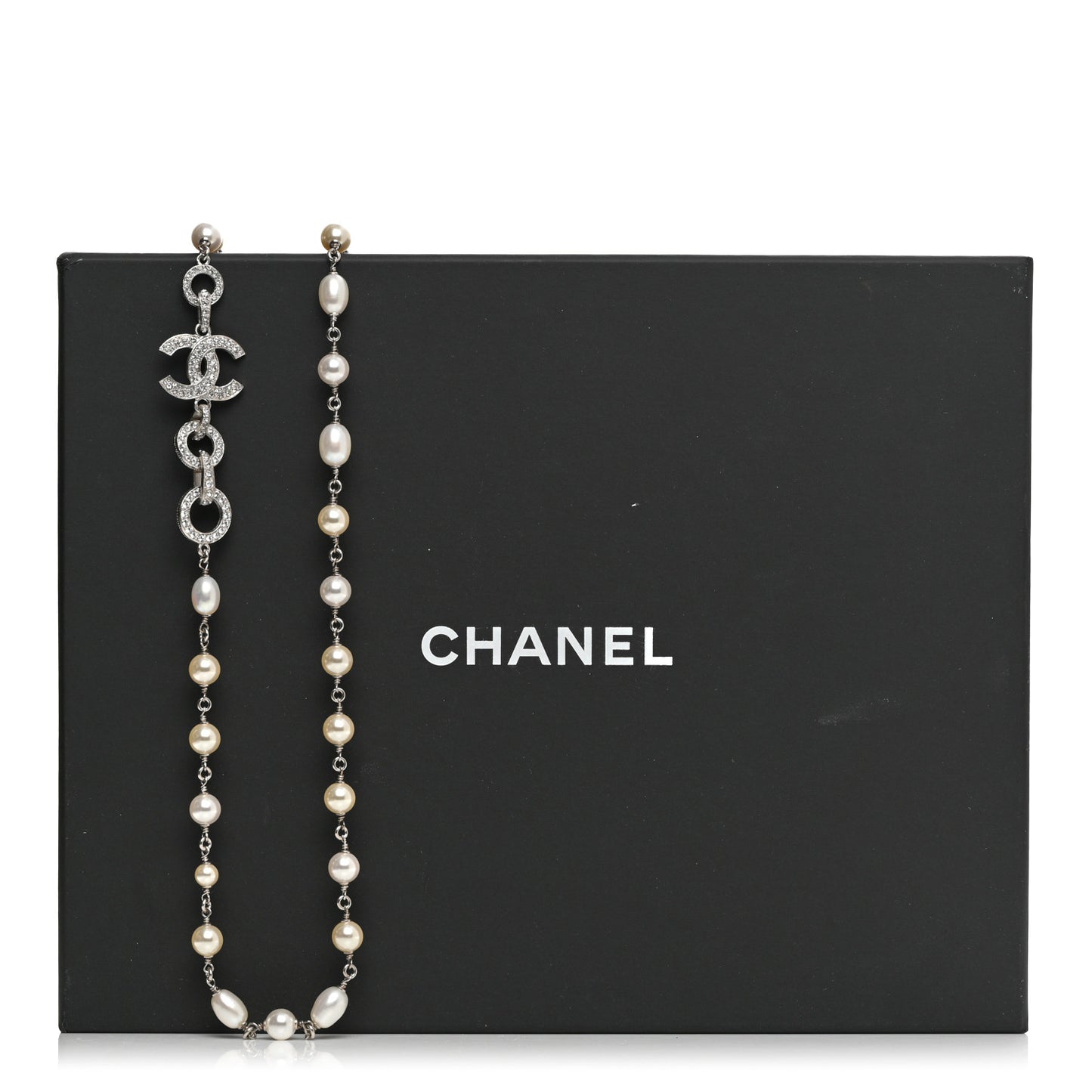 Crystal Pearl CC Long Necklace Silver