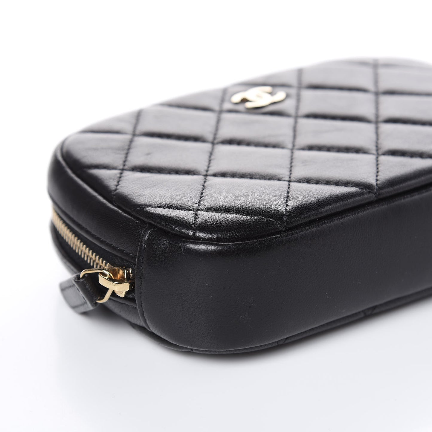 Lambskin Quilted Small Curvy Pouch Cosmetic Case Black