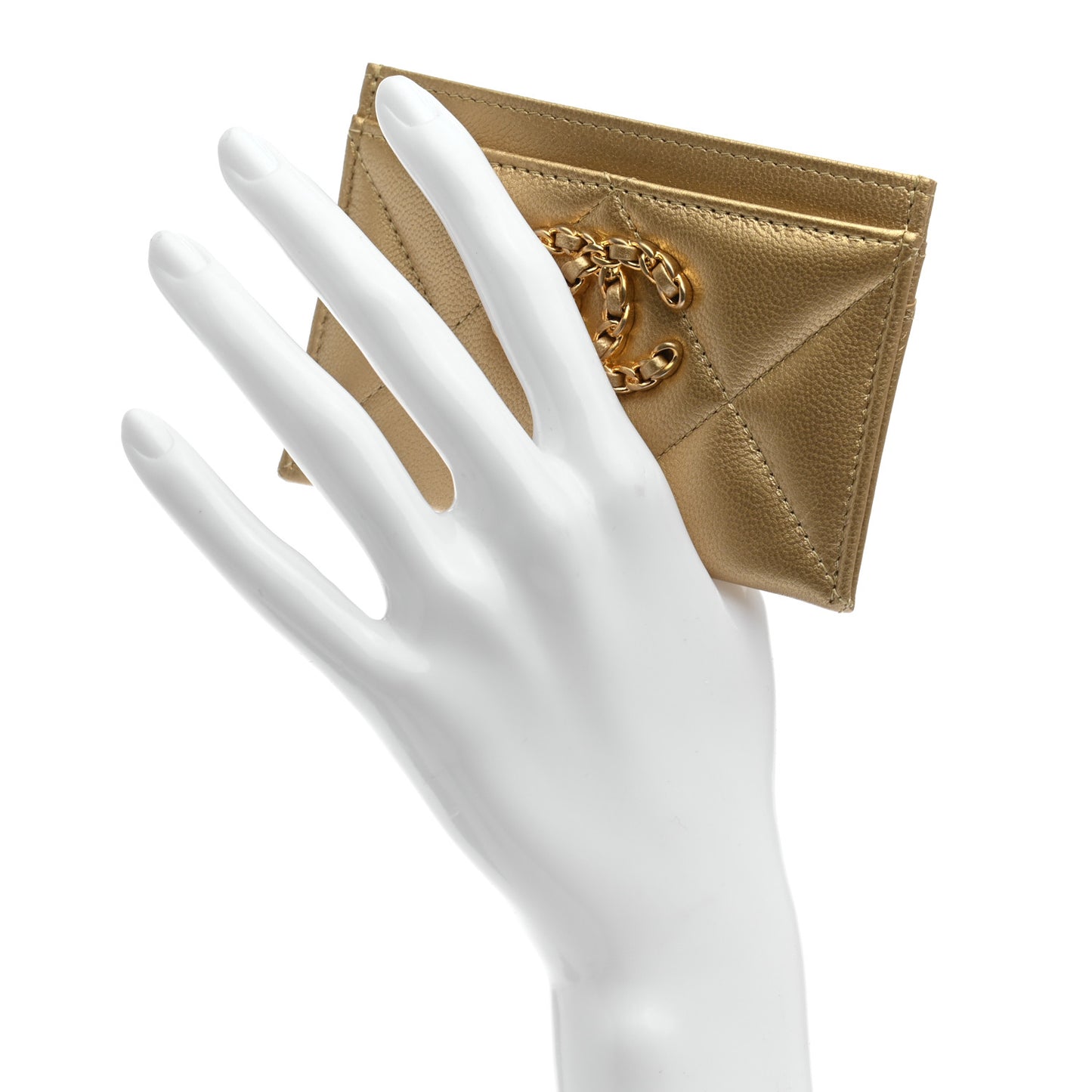 Metallic Lambskin Quilted Chanel 19 Card Holder Gold