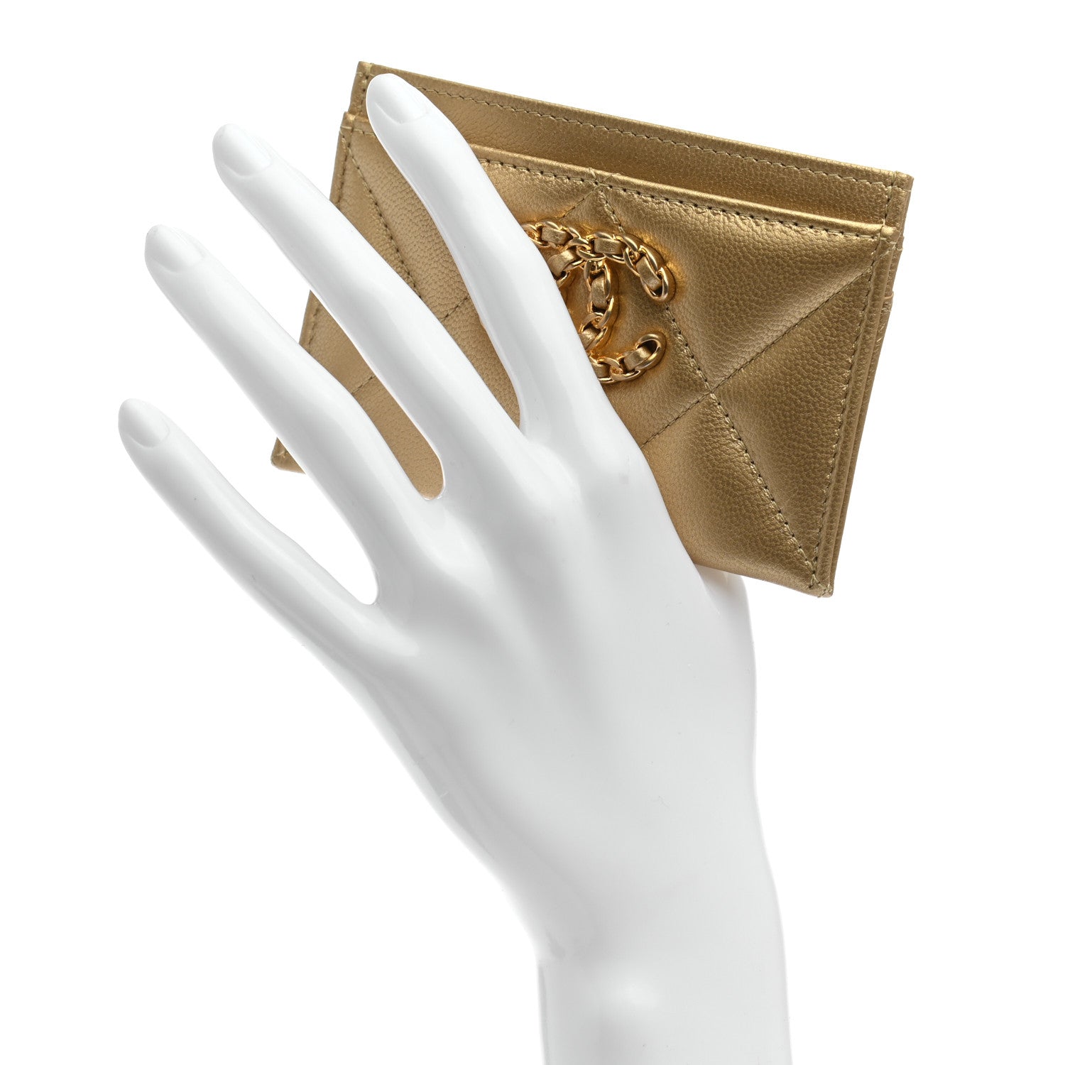 Chanel Metallic Lambskin Quilted Chanel 19 Card Holder Gold 2 of 8