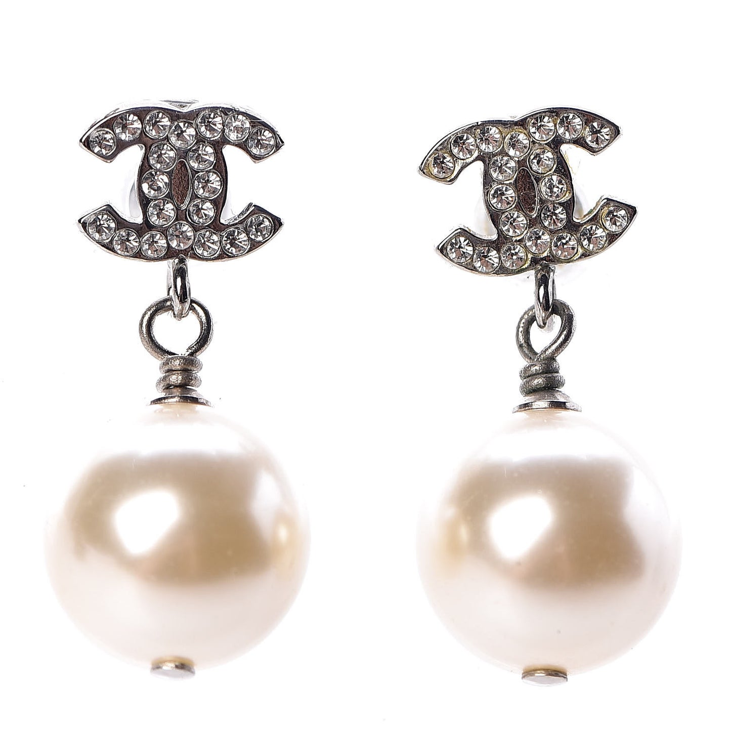 Crystal Pearl CC Drop Earrings Silver Pearly White