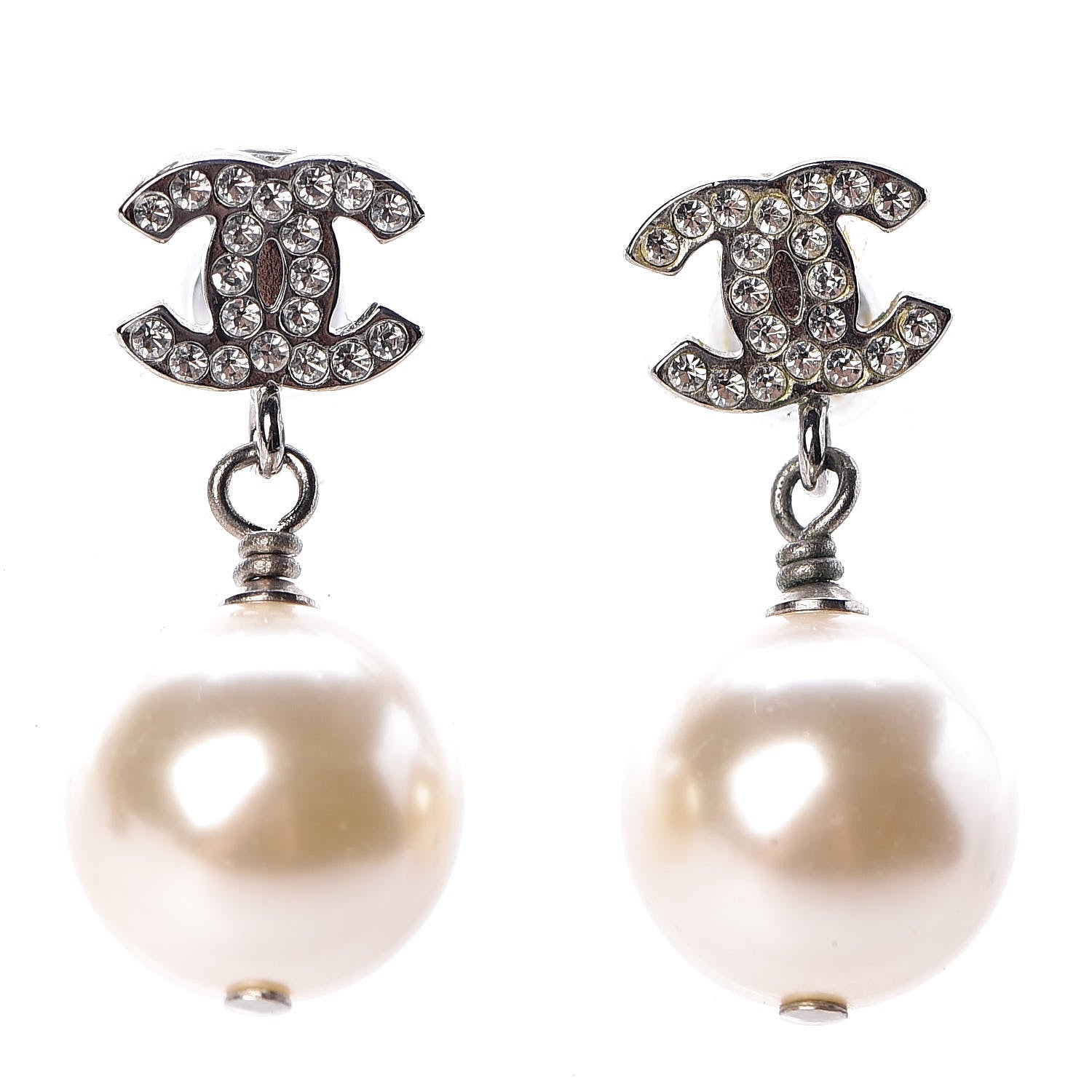 Chanel Crystal Pearl CC Drop Earrings Silver Pearly White 1 of 6