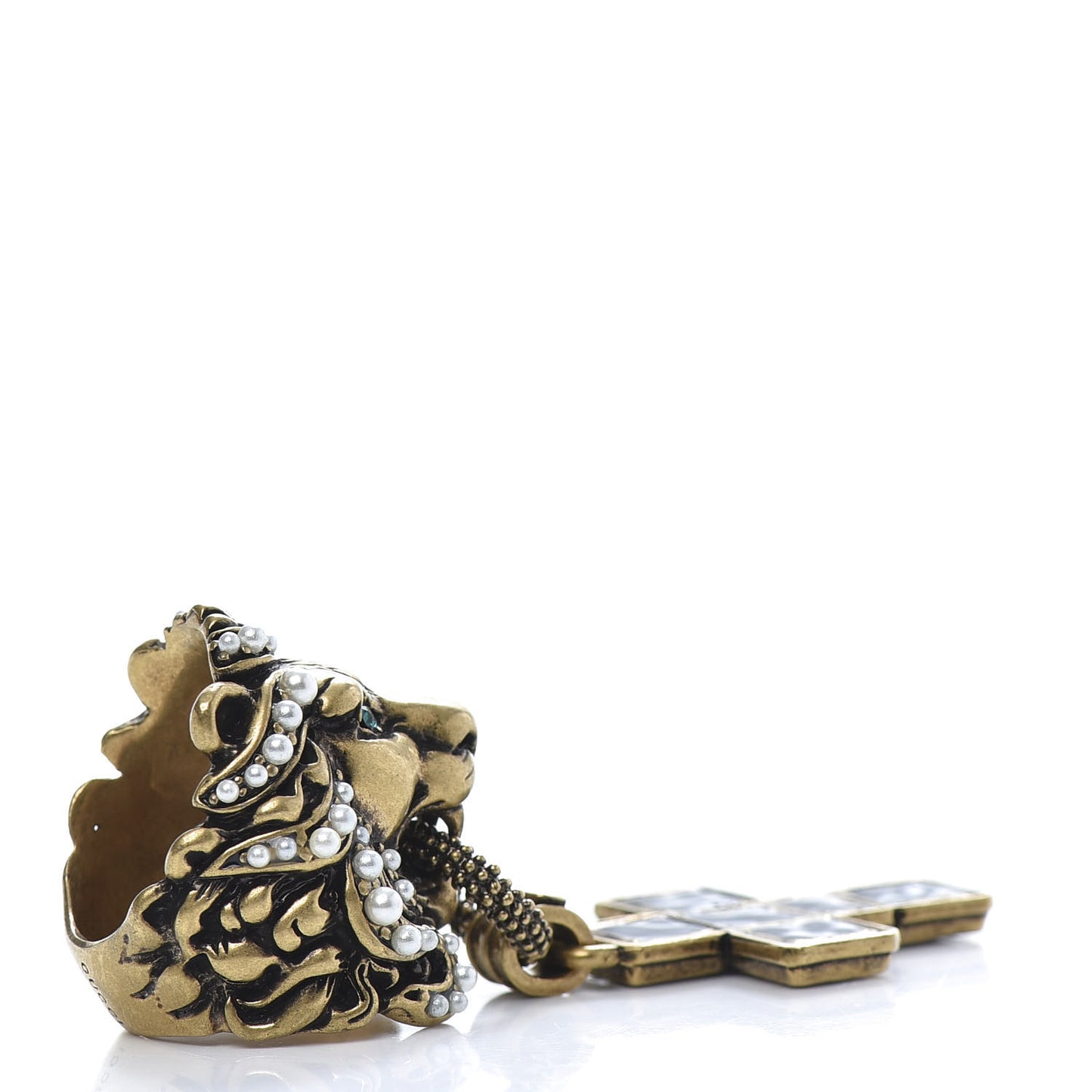 Metal Crystal Pearl Lion Head Crucifix Ring S Gold Black