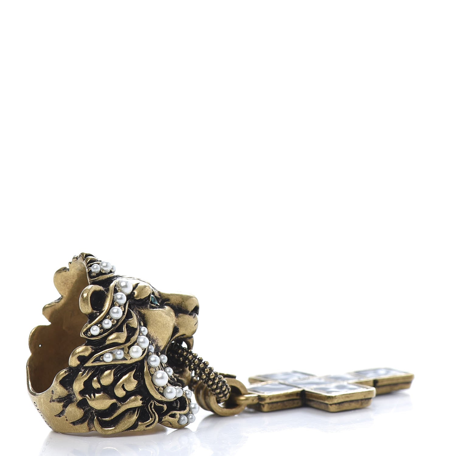 Gucci Metal Crystal Pearl Lion Head Crucifix Ring S Gold Black 6 of 9