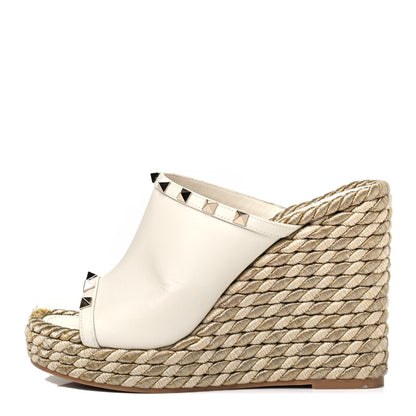 Valentino Garavani Calfskin Silk Rockstud Torchon Espadrille Wedge 25/115mm Slide Sandals 38 Light Ivory 1 of 6