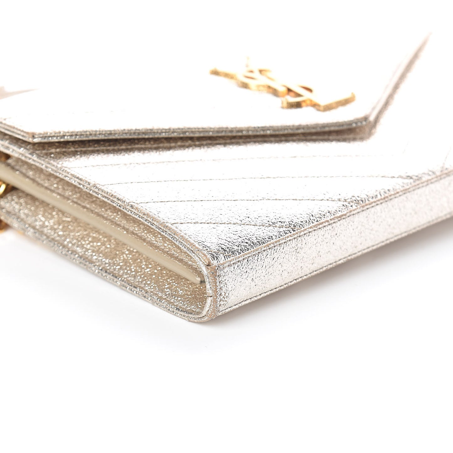 Metallic Crackled Calfskin Matelasse Chevron Monogram Chain Wallet Gold