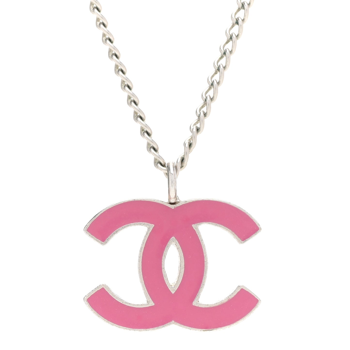 Enamel CC Pendant Necklace Pink Silver