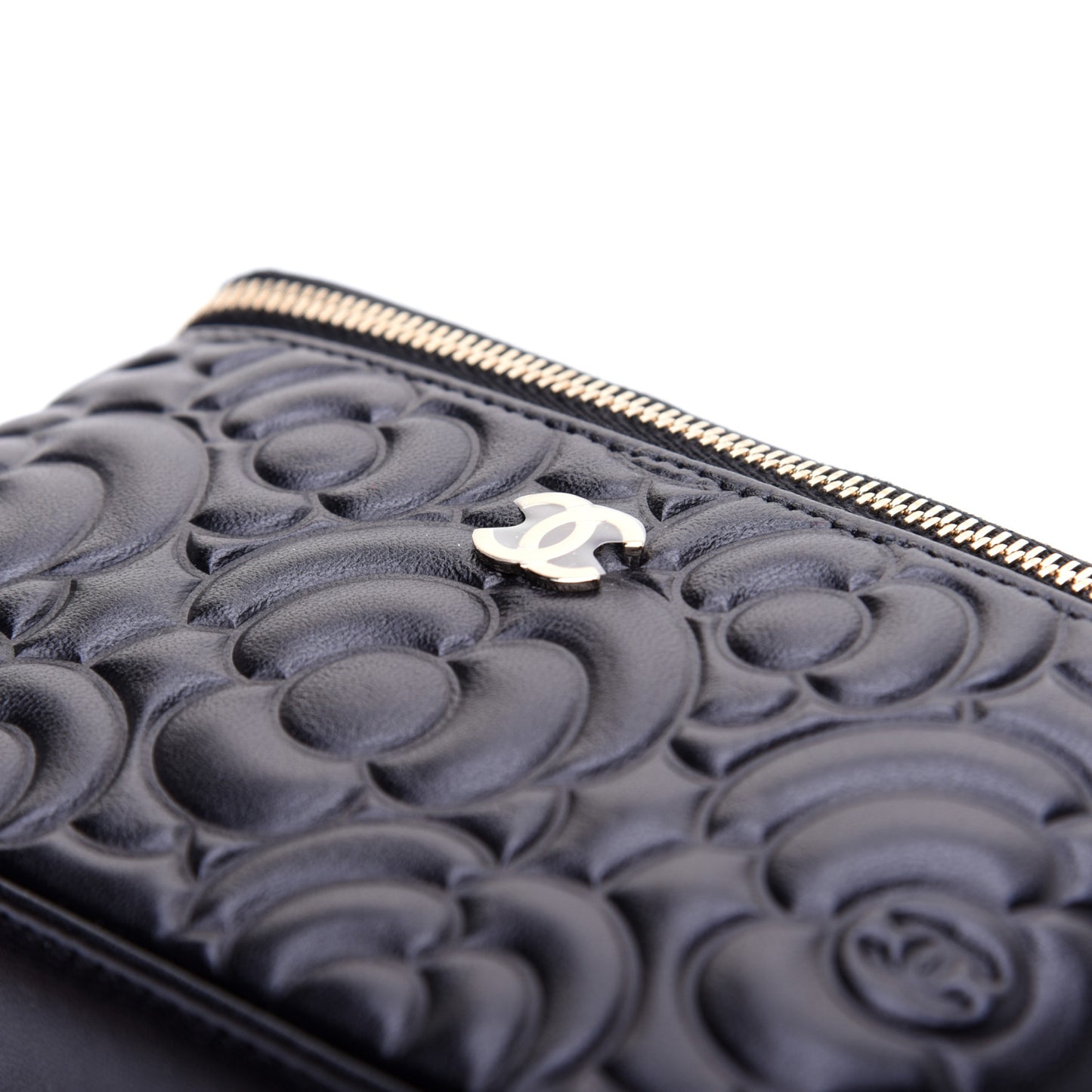 Lambskin Camellia Embossed Small Vanity Case With Chain Black