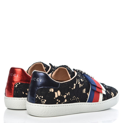 Gucci Lace Crystal Sylvie Web Flower Leaf Womens Ace Sneakers 37 Black Tan Beige 4 of 10