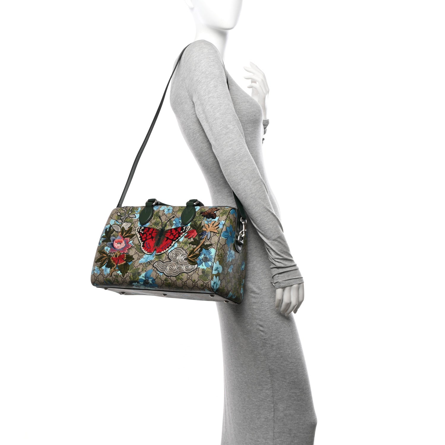 Gucci GG Supreme Monogram Bloom Butterfly Embroidered Medium Boston Green 2 of 13