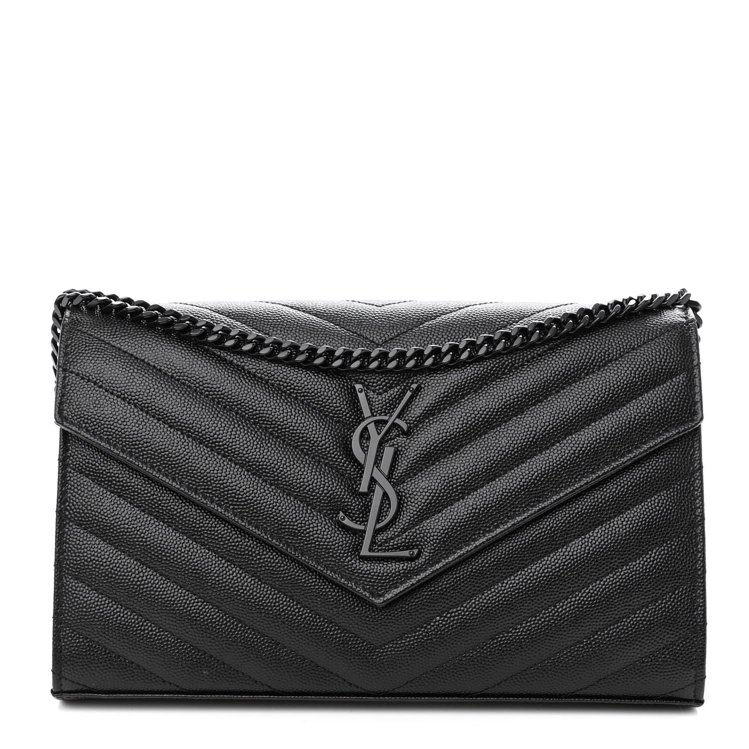 Saint Laurent Grain De Poudre Matelasse Chevron Monogram Monochrome Chain Wallet Black 1 of 10