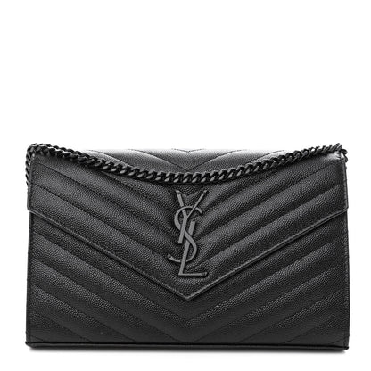 Saint Laurent Grain De Poudre Matelasse Chevron Monogram Monochrome Chain Wallet Black 1 of 10