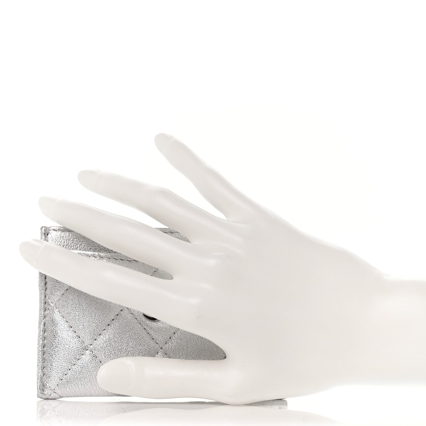 Metallic Lambskin Quilted Card Holder Silver