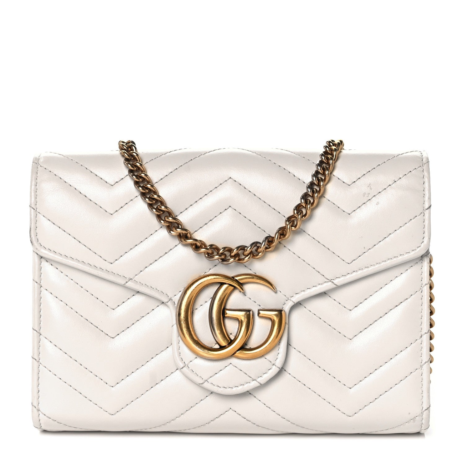 Gucci Calfskin Matelasse GG Marmont Chain Wallet Mystic White 1 of 11