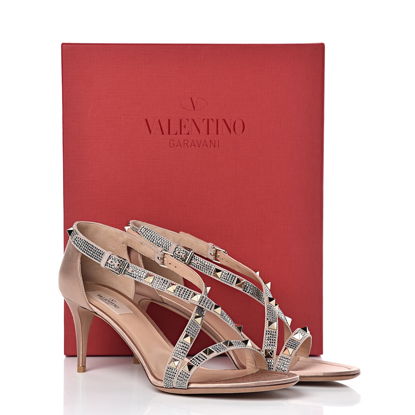 Satin Crystal Rockstud Crisscross 70mm Sandals 41 Poudre