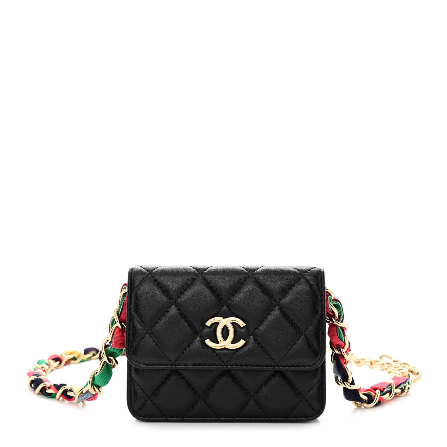 Shiny Lambskin Ribbon Quilted Flap Belt Bag Black