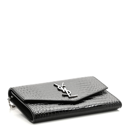 Saint Laurent Calfskin Crocodile Embossed Monogram Uptown Chain Wallet Black 5 of 14