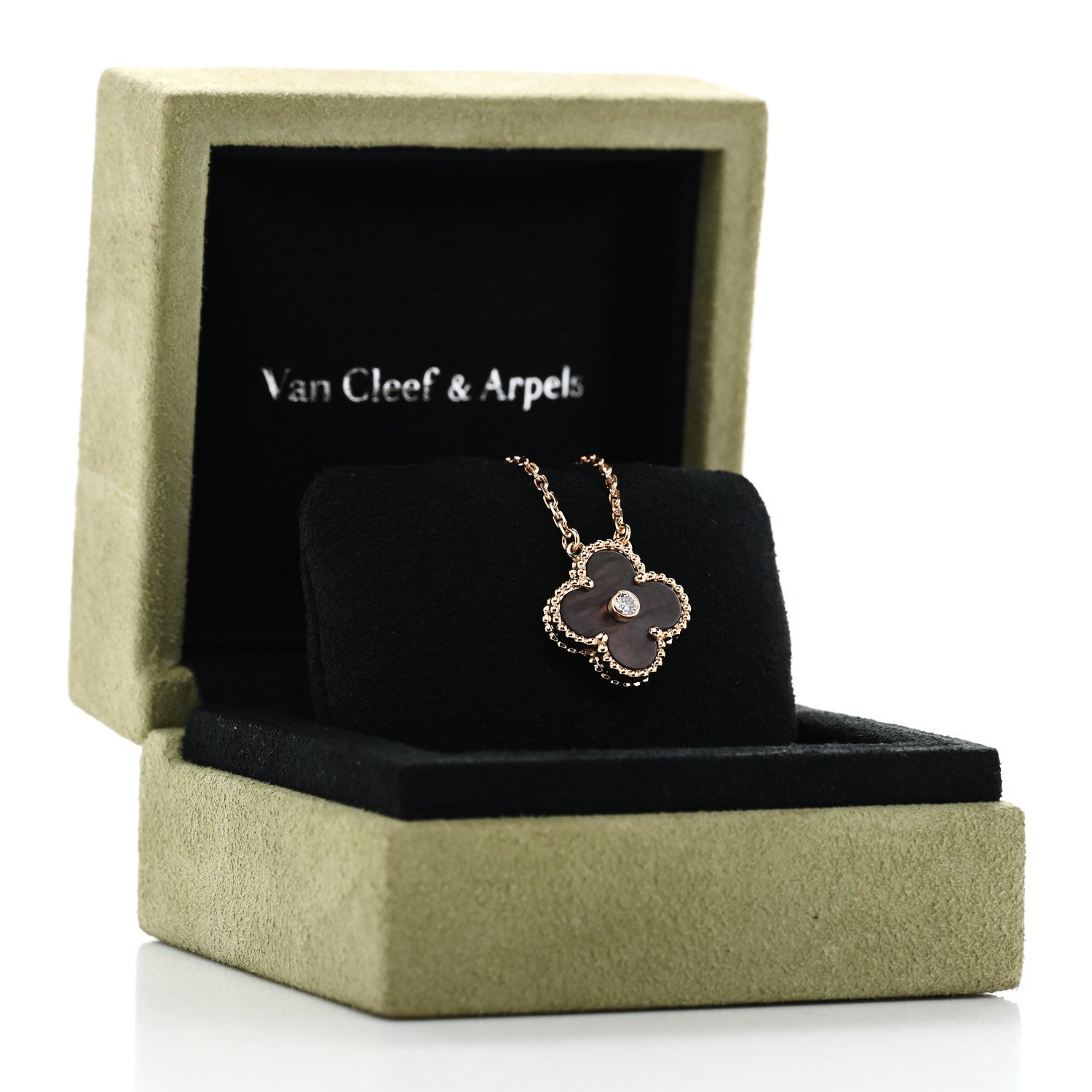 Van Cleef & Arpels 18K Rose Gold Diamond Grey Mother of Pearl Vintage Alhambra Pendant Necklace 6 of 6
