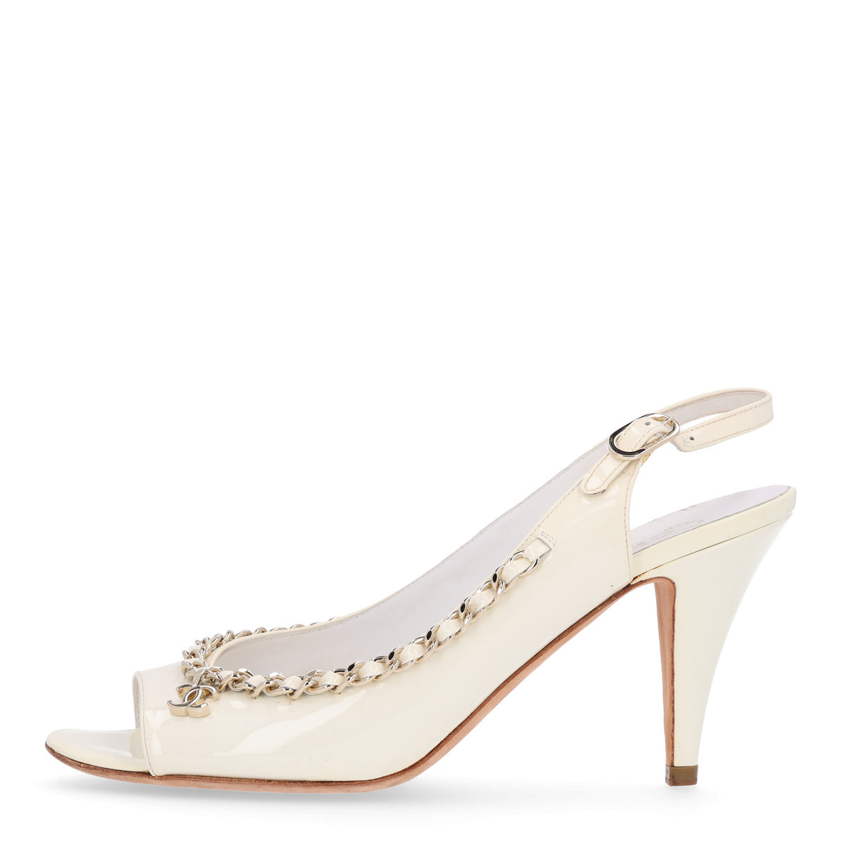 Chanel Patent Chain CC Slingback Sandals 39.5 Beige Black 1 of 10