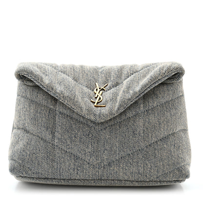 Saint Laurent Denim Quilted Monogram Loulou Puffer Pouch Clutch Blue Gray Light Azur 1 of 11