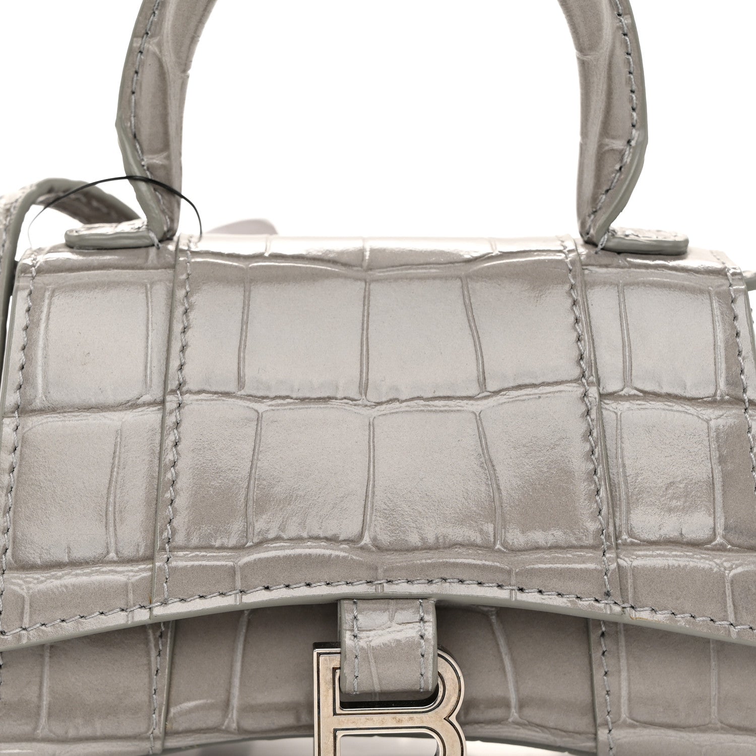 Balenciaga Shiny Calfskin Crocodile Embossed Hourglass Top Handle Bag Mini Steel Grey 9 of 11