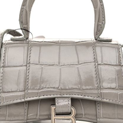 Balenciaga Shiny Calfskin Crocodile Embossed Hourglass Top Handle Bag Mini Steel Grey 9 of 11