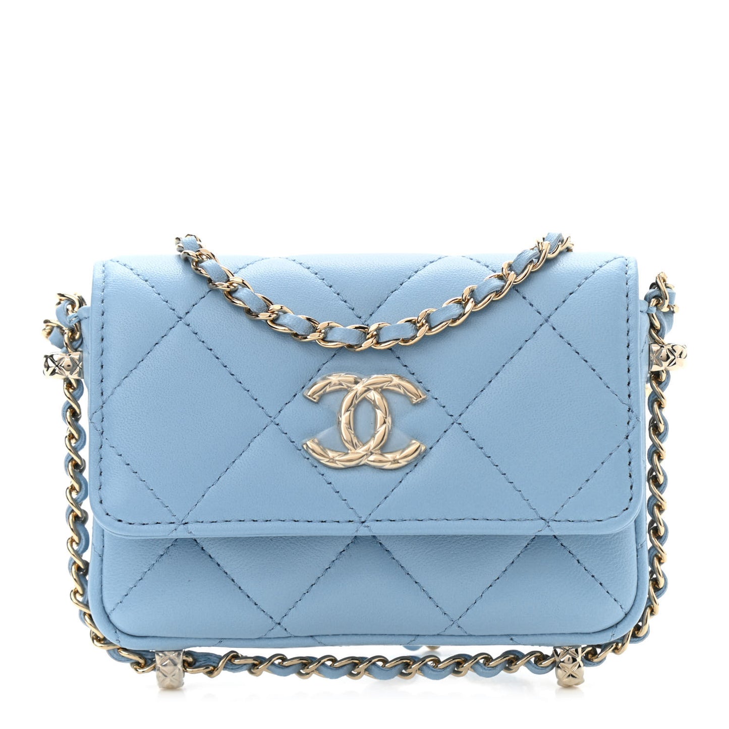 Lambskin Quilted Chain Around Coin Purse With Chain Light Blue