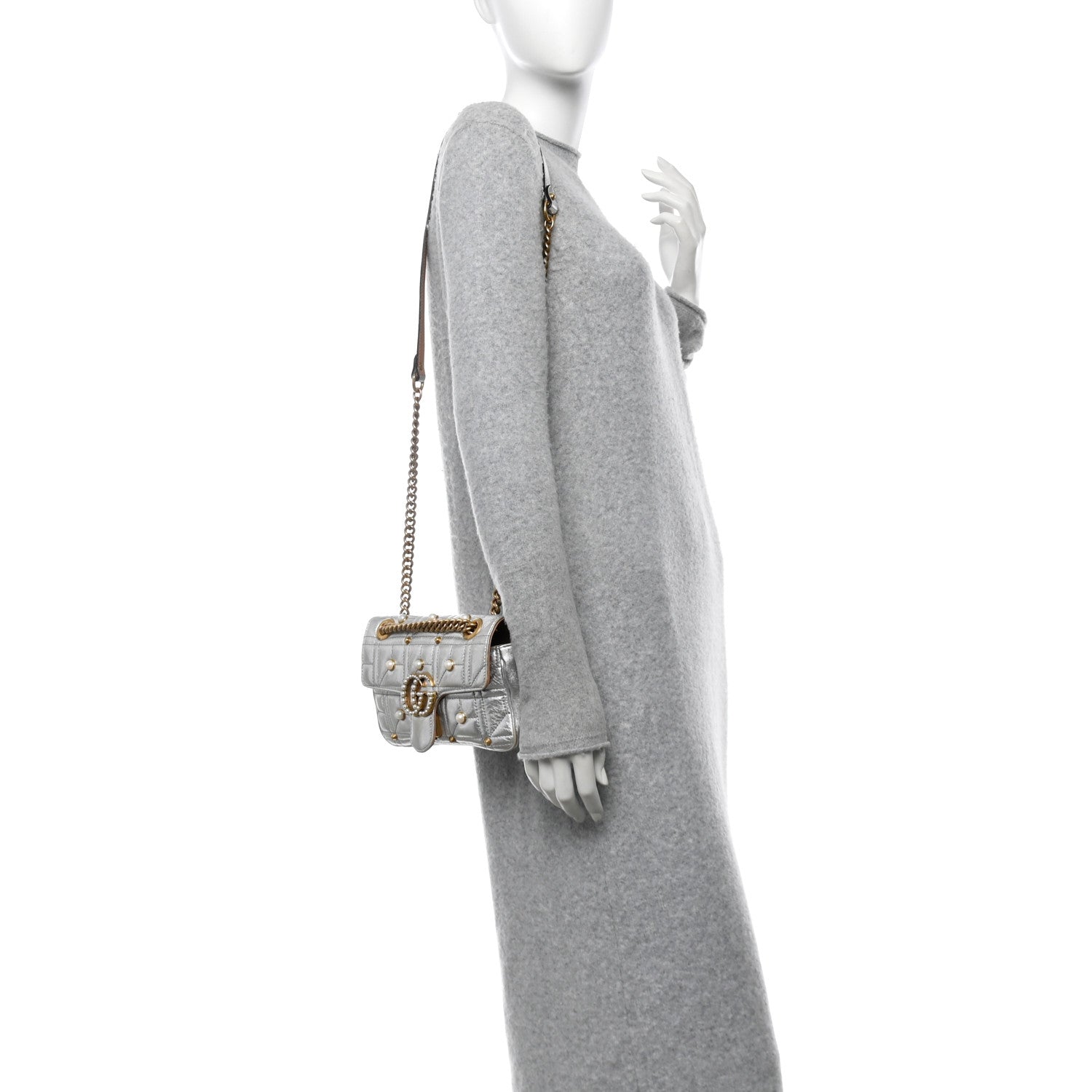 Gucci Metallic Calfskin Matelasse Studded Mini Pearly GG Marmont Shoulder Bag Silver 3 of 11