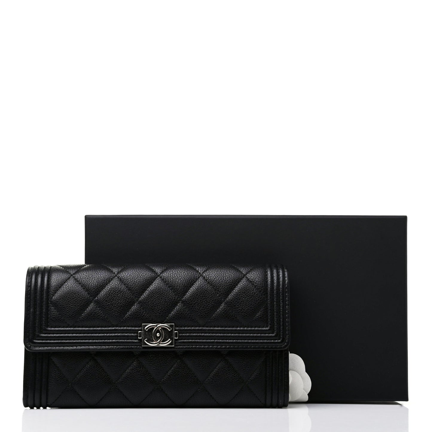 Calfskin Quilted Large Boy Gusset Flap Wallet Black