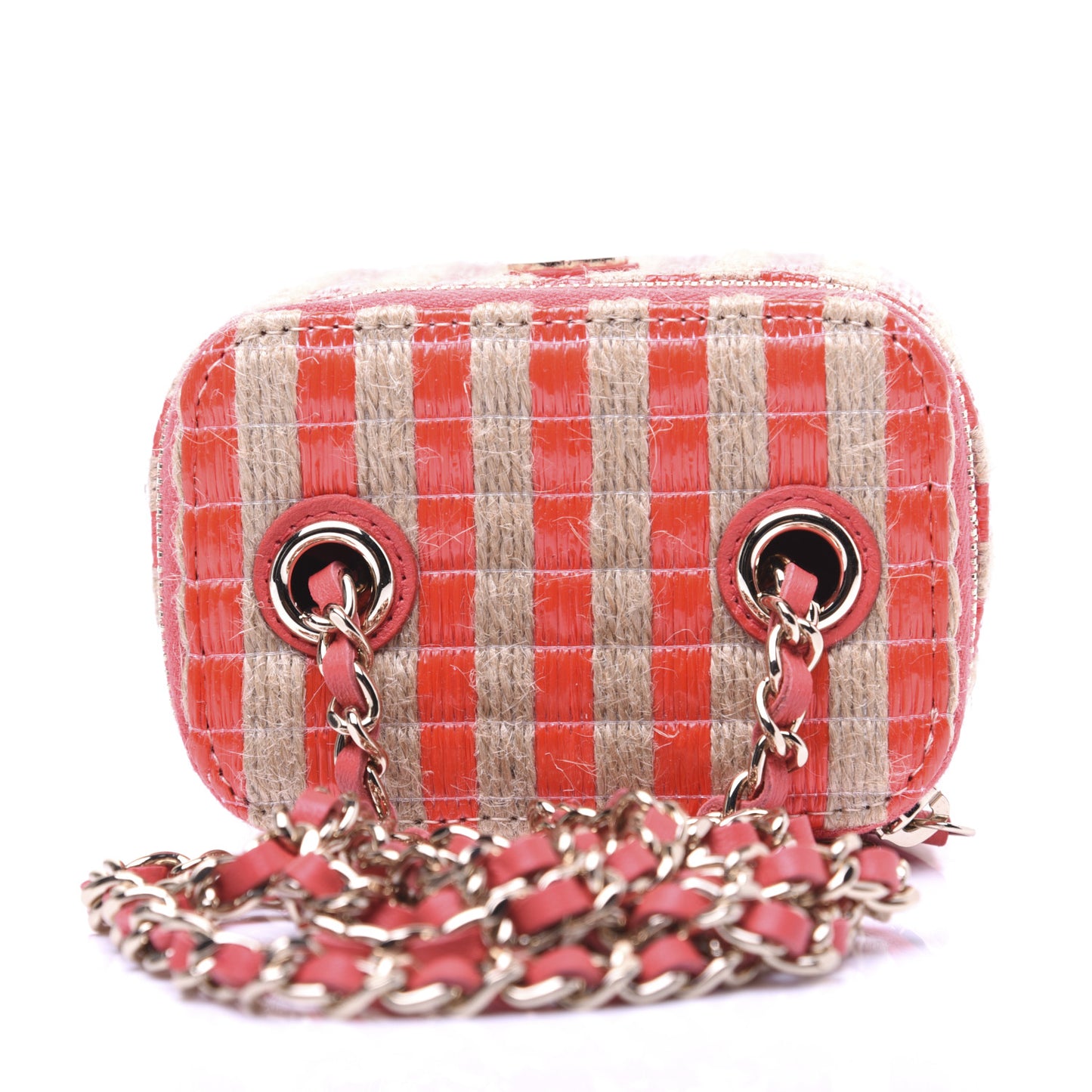 Raffia Jute Striped Mini Vanity Case With Chain Red Beige