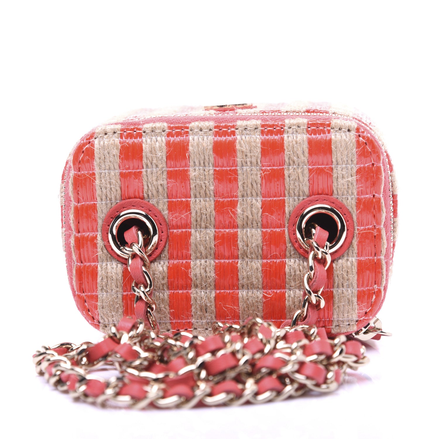 Chanel Raffia Jute Striped Mini Vanity Case With Chain Red Beige 10 of 13