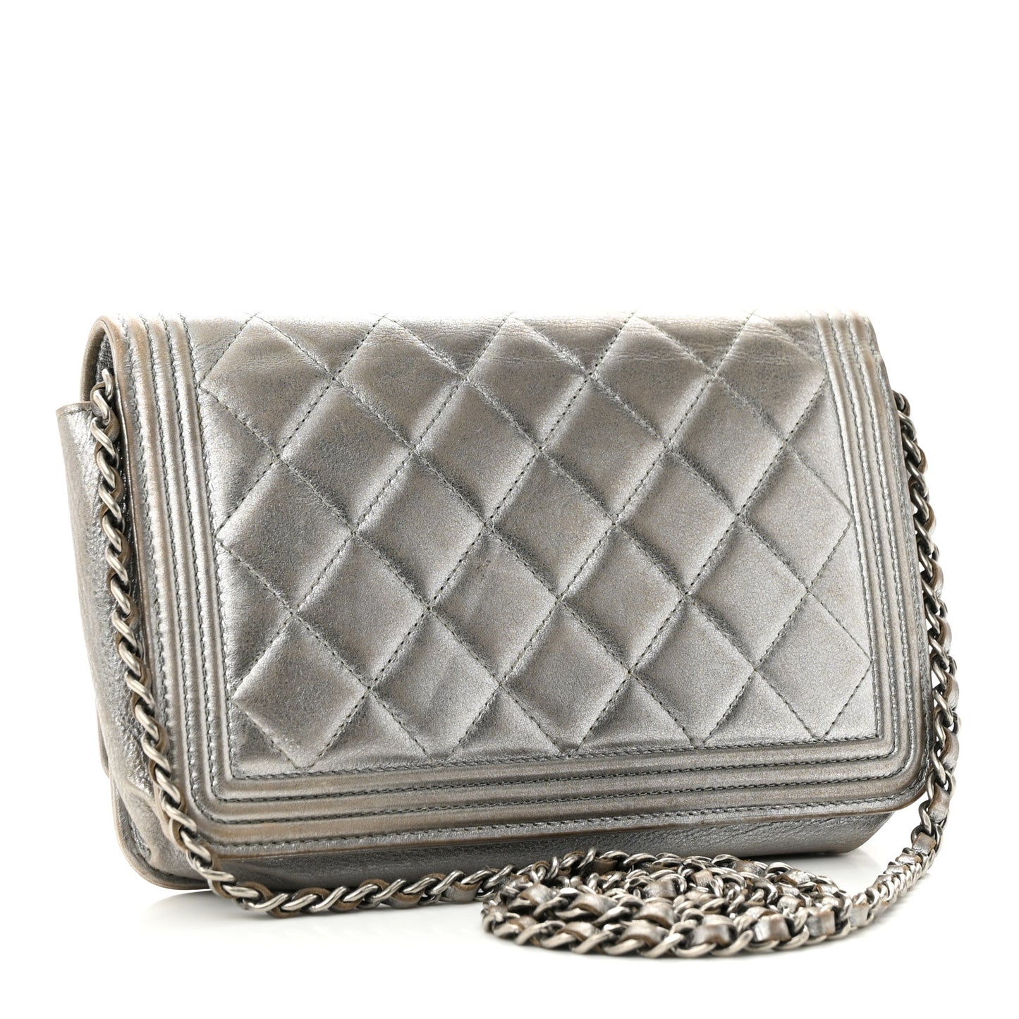 Metallic Calfskin Quilted Boy Wallet On Chain WOC Silver