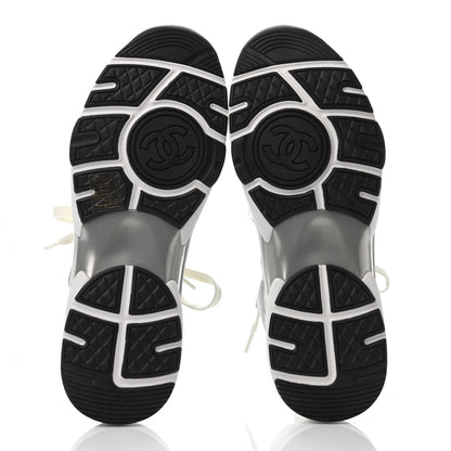 Chanel Fabric Suede Calfskin Stretch CC Sneakers 38.5 White Grey 4 of 4