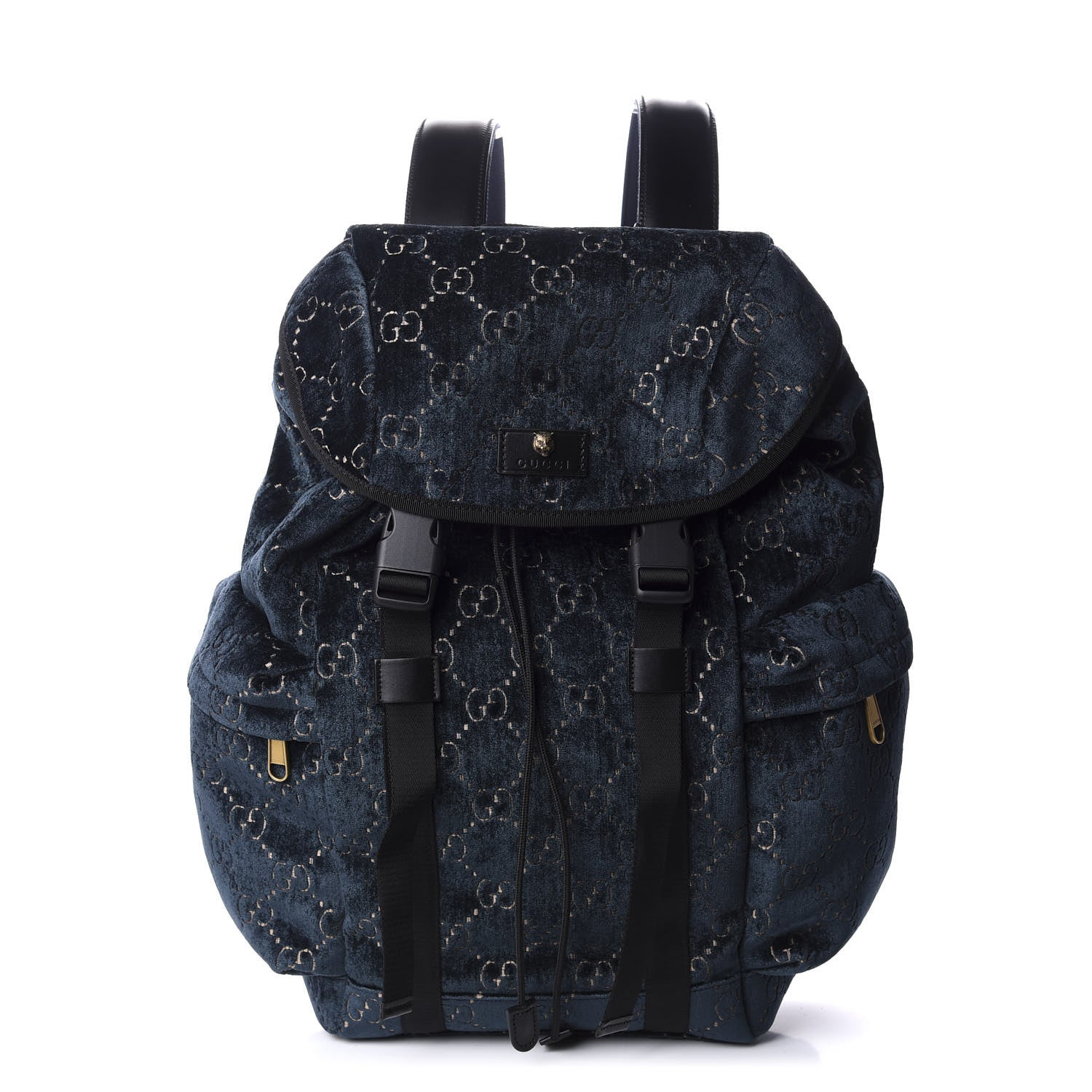 Gucci Velvet GG Monogram Web Medium Double Buckle Backpack Blue Beige Black 1 of 11