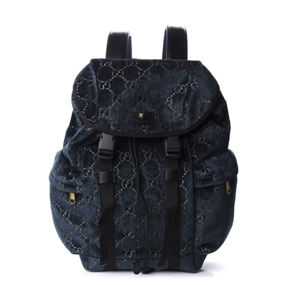 Gucci Velvet GG Monogram Web Medium Double Buckle Backpack Blue Beige Black 1 of 11