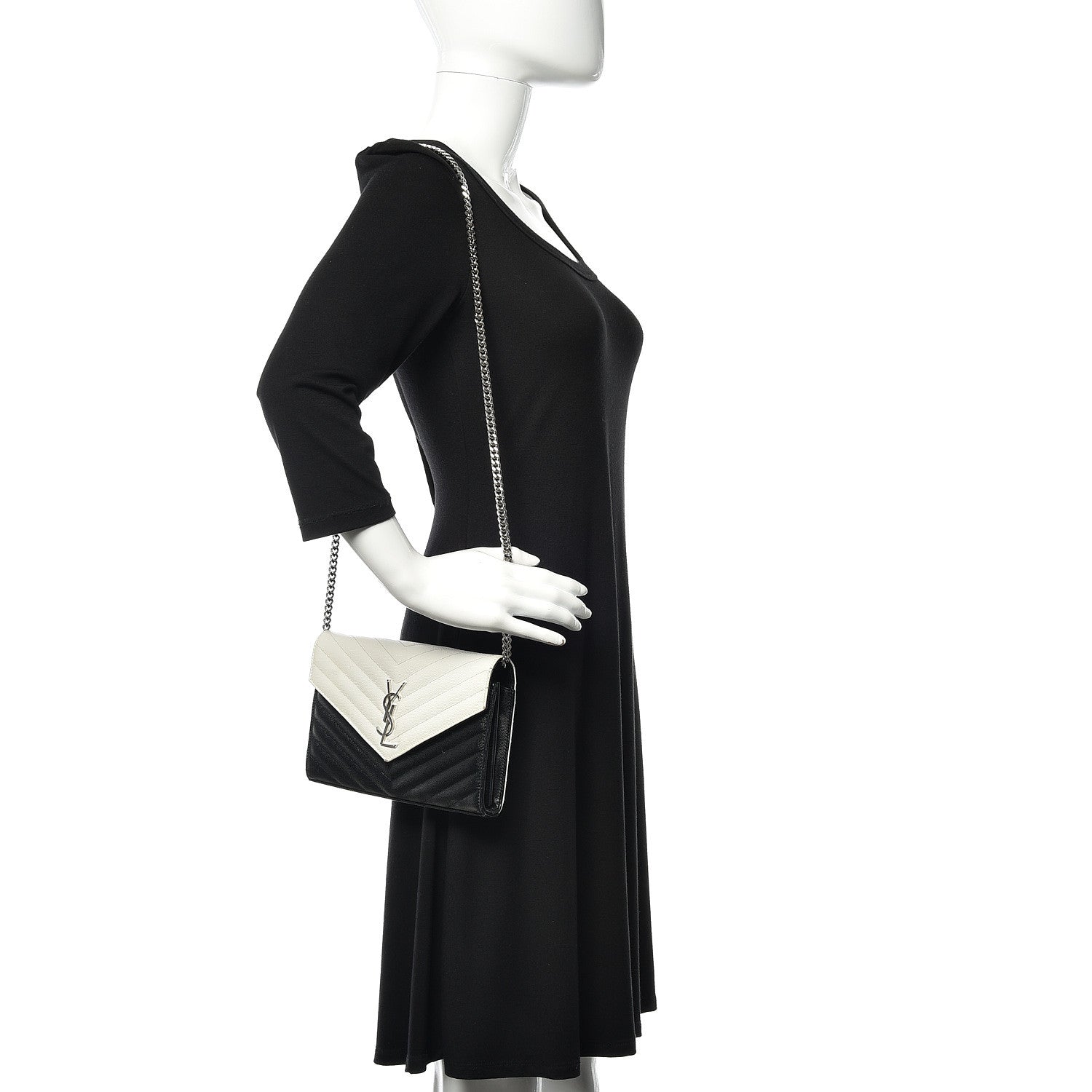 Saint Laurent Grain De Poudre Matelasse Chevron Bi-Color Monogram Chain Wallet White Black 2 of 16