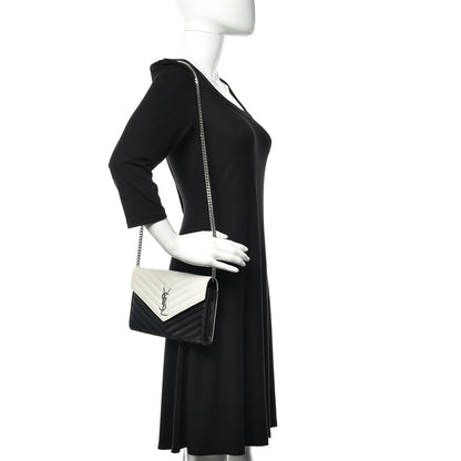 Saint Laurent Grain De Poudre Matelasse Chevron Bi-Color Monogram Chain Wallet White Black 2 of 16