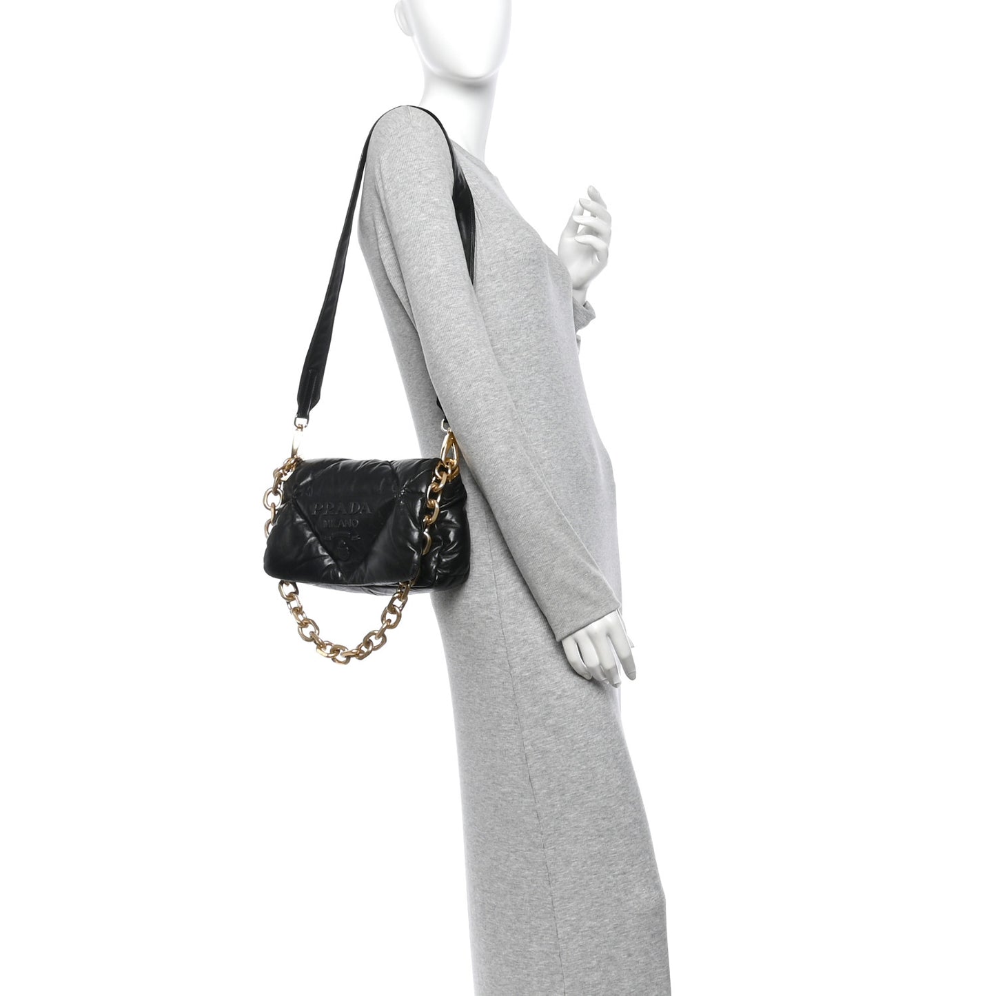 Nappa Soft Padded Logo Embossed Triangle Quilted Small Shoulder Bag Black