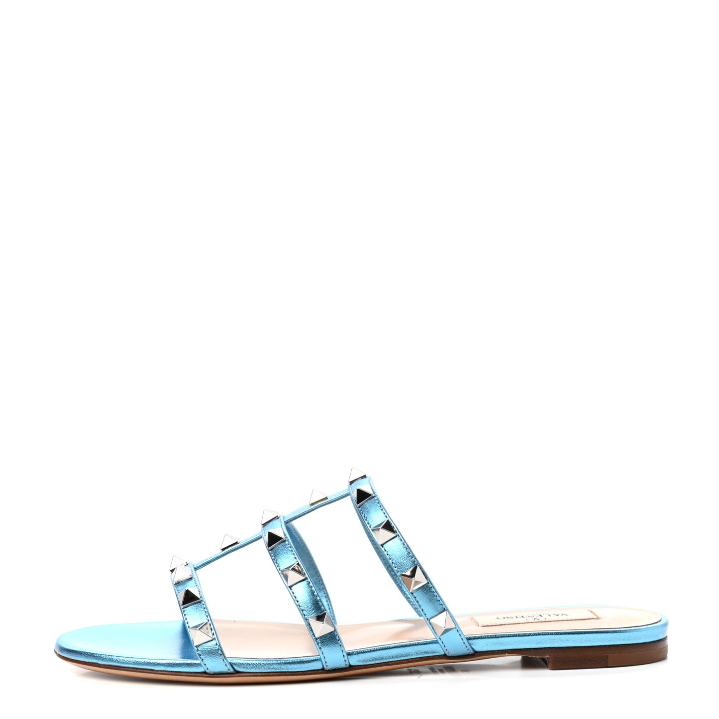 Metallic Nappa Rockstud Caged Flat Slide Sandals 36.5 Cerulean