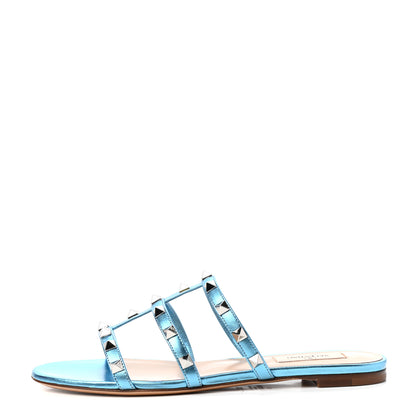 Valentino Garavani Metallic Nappa Rockstud Caged Flat Slide Sandals 36.5 Cerulean 1 of 10