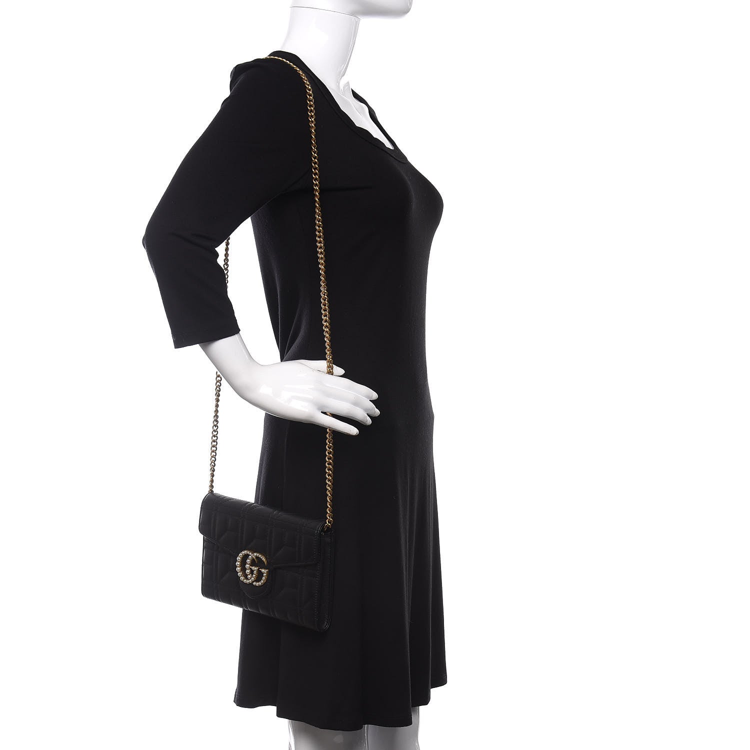 Gucci Calfskin Matelasse Mini Pearly GG Marmont Chain Wallet Black 2 of 11