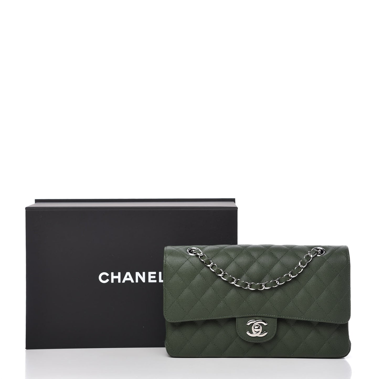 Caviar Quilted Medium Double Flap Dark Green