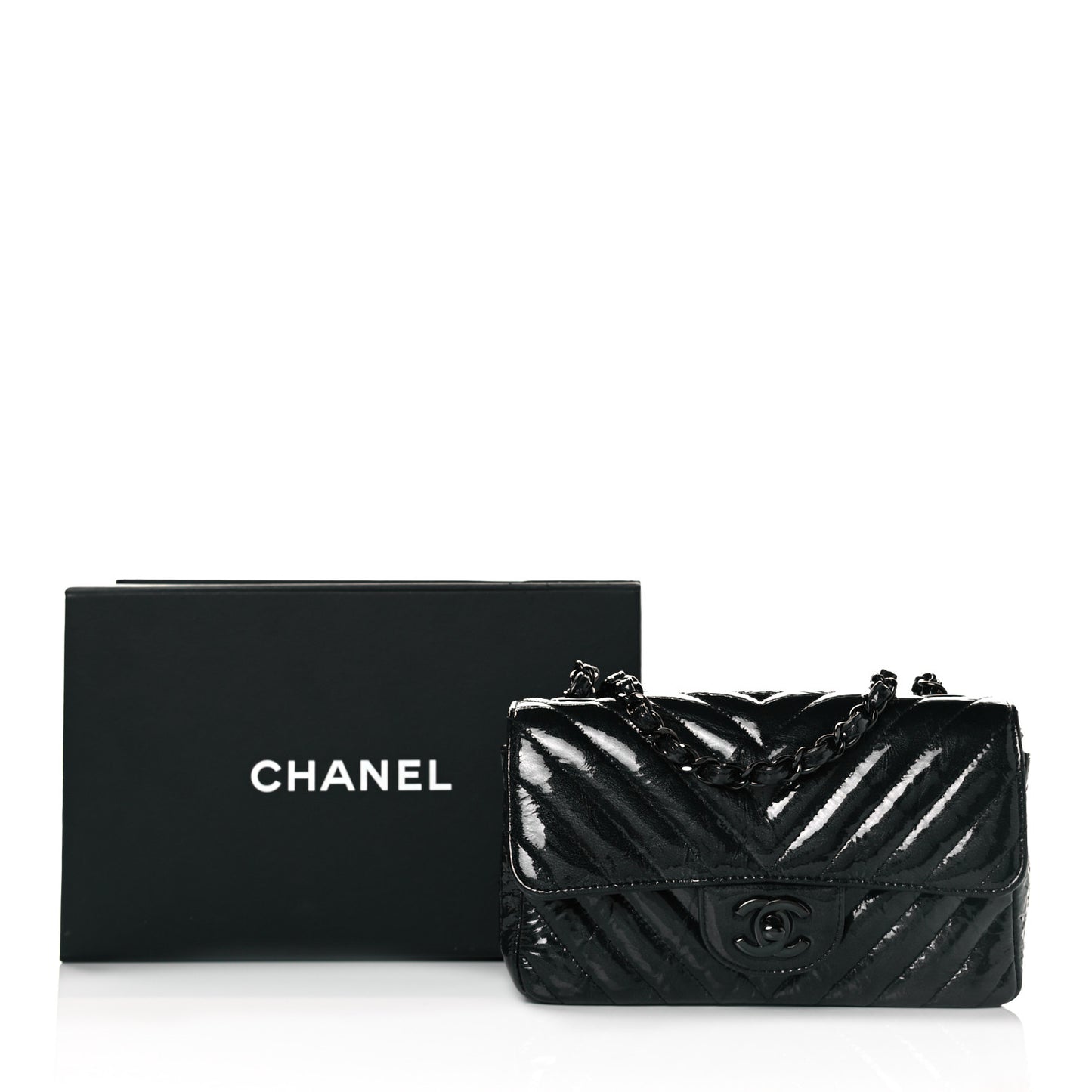 Patent Metallic Crumpled Calfskin Chevron Quilted Mini Rectangular Flap So Black