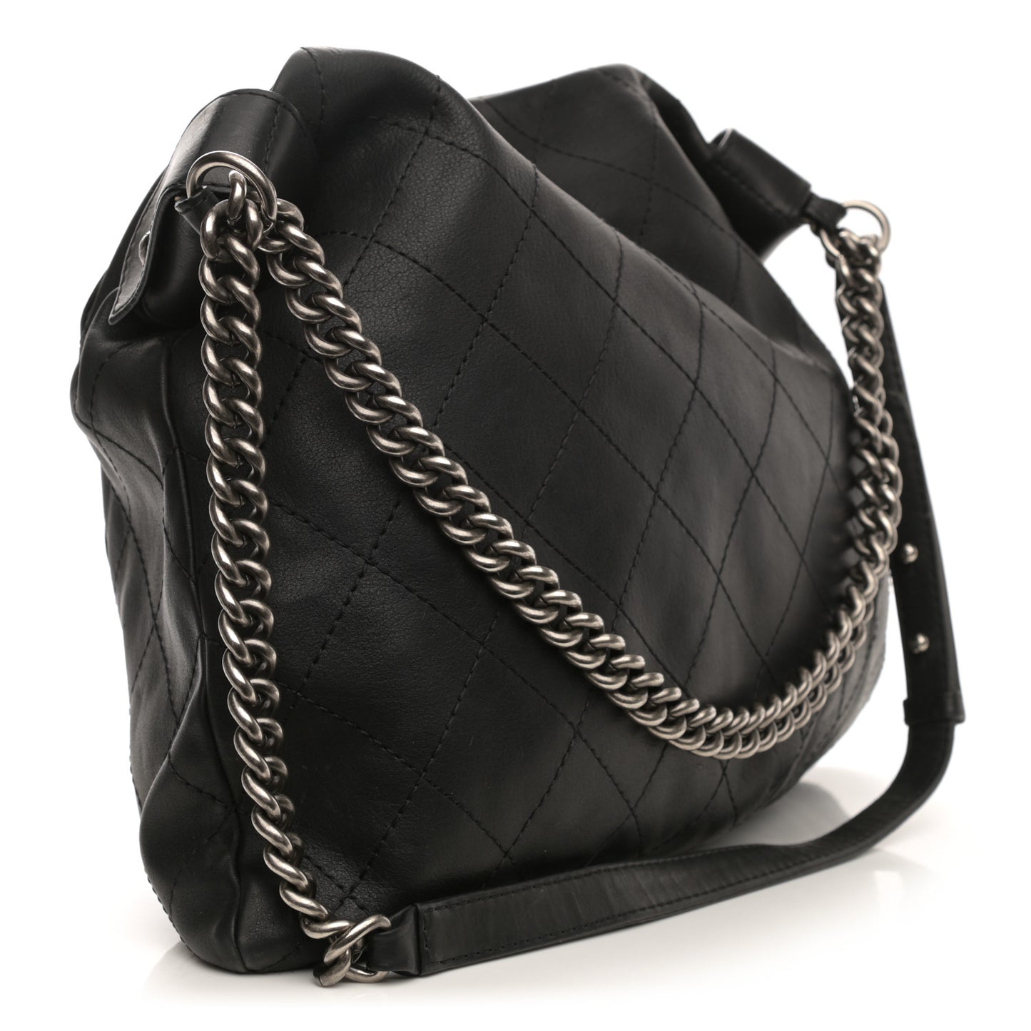Calfskin Stitched Double Zip Hobo Black