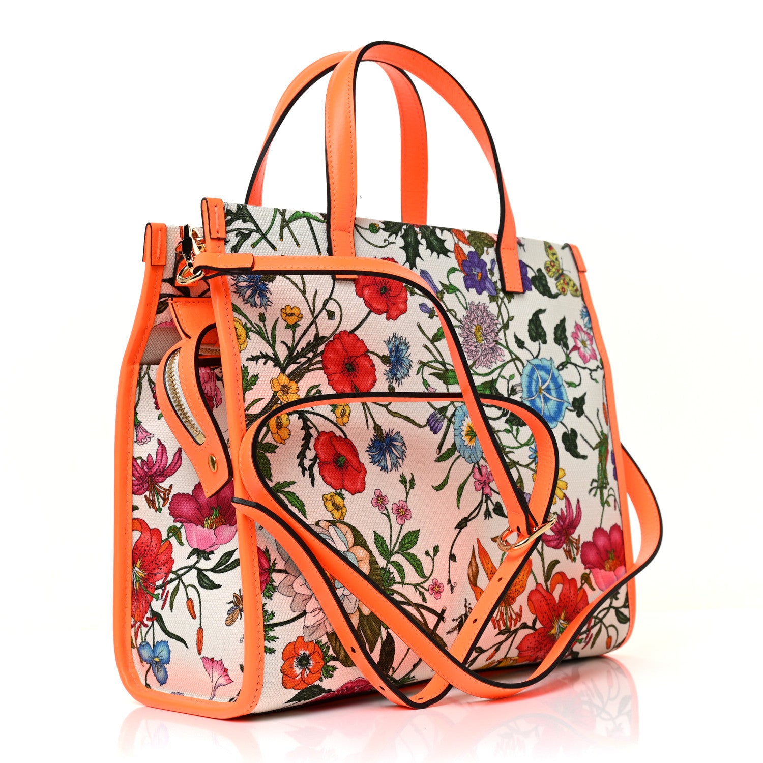 Gucci Canvas Medium Flora Tote White Multicolor Orange Fluo 2 of 13